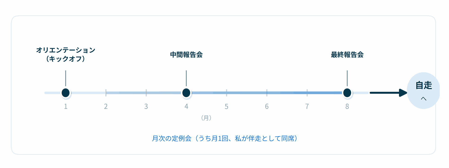 8ヶ月の進め方スケジュール例。1ヶ月目にオリエンテーション（キックオフ）、2〜7ヶ月目に月次の定例会（うち月1回コンサルタントが同席）、4ヶ月目に中間報告会、8ヶ月目に最終報告会を行い、自走へとつなげる。